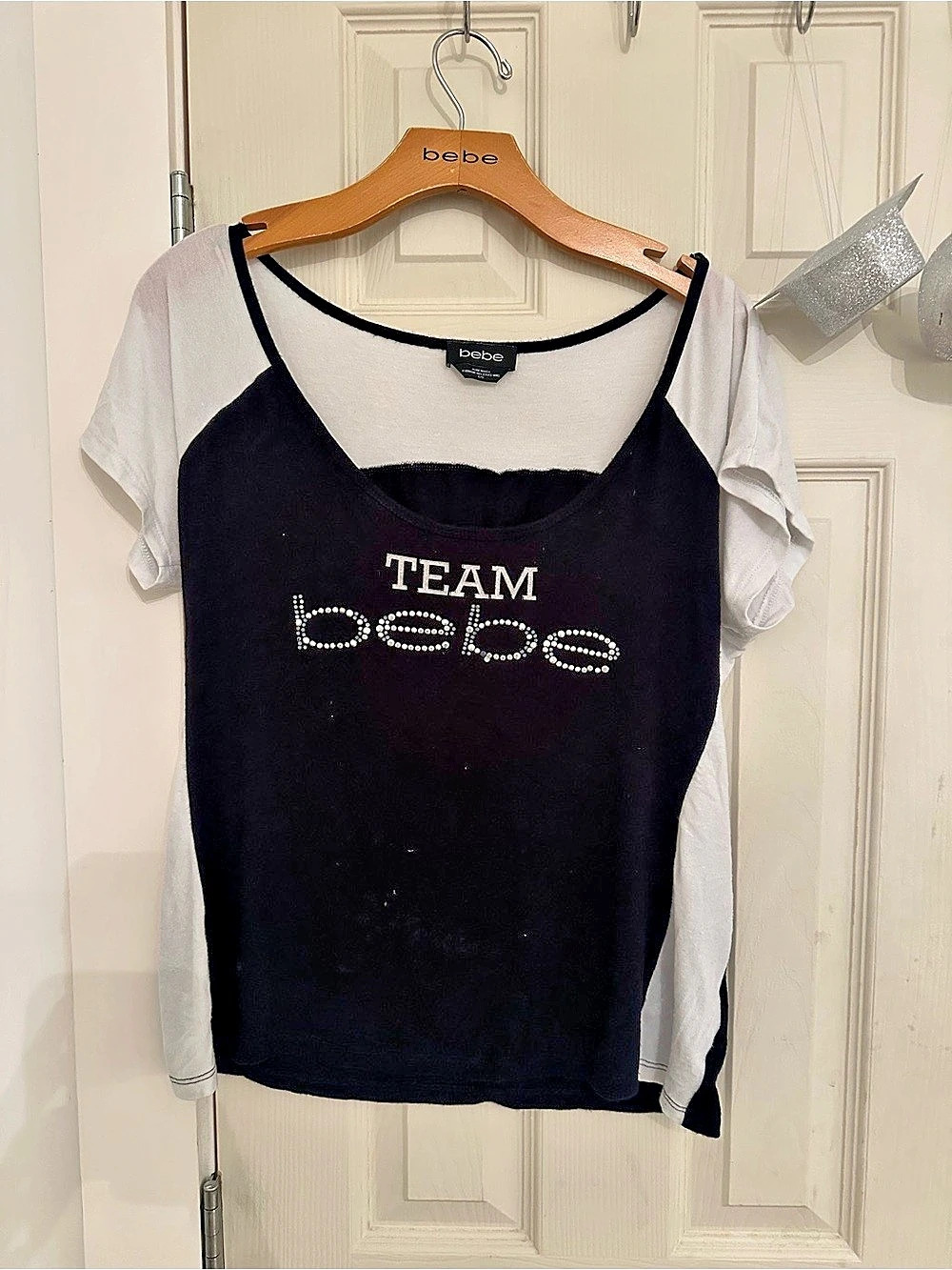 bebe Color Block Tee in Black & White Large